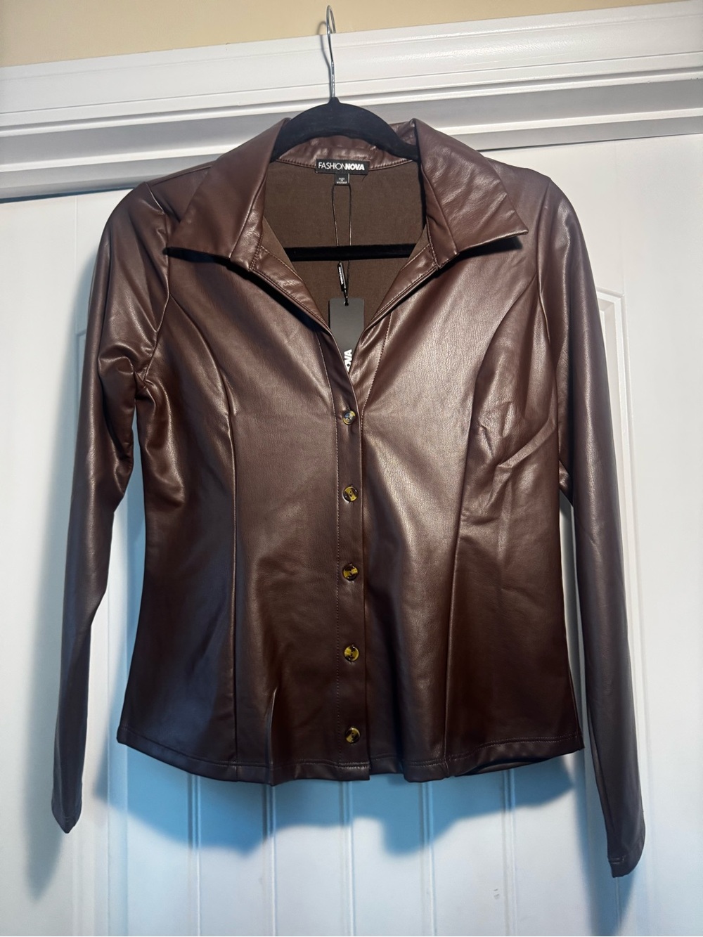 Fashion Nova Brown Faux Leather Button-Front Jacket